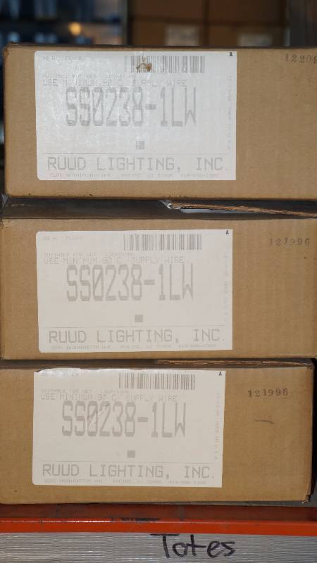 lot 352 image: Qty 3 NIB Ruud LIghting Square 2D 38 Watt Fluorescent SS0238-1LW Outdoor Light