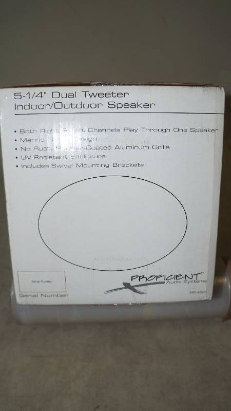 lot 425 image: NIB Proficient Audio Systems 5.25 Dual Tweeter IndoorOutdoor Speaker