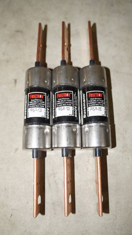 lot 514 image: Qty 3 Bussmann Fusetron Dual-Element Time Delay Current Limiting Class RK5 FRS-R-100 600V Fuses