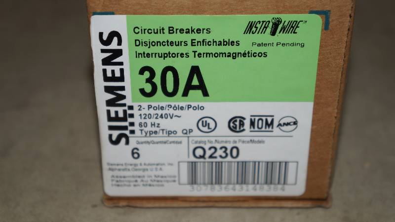 lot 634 image: Qty 5 Siemens 30 Amp 2-Pole Q230 Circuit Breakers