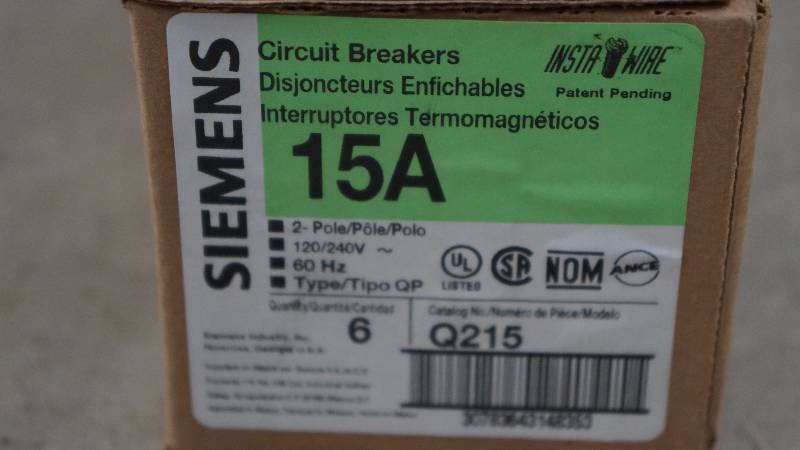 lot 640 image: Qty 6 NIB Siemens 15 Amp 2-Pole Q215 Circuit Breakers