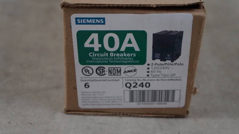 lot 669 image: Qty 6 NIB Siemens 40 Amp 2-Pole Q240 Circuit Breakers