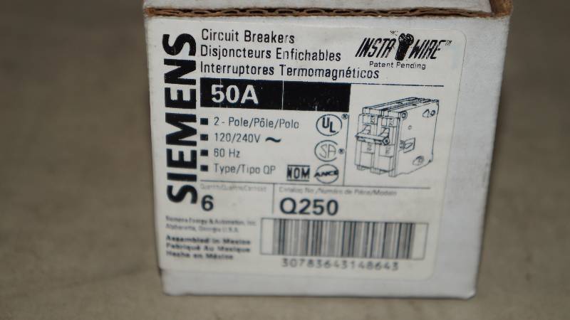 lot 685 image: Qty 6 NIB Siemens 50 Amp 2-Pole Q250 Circuit Breakers