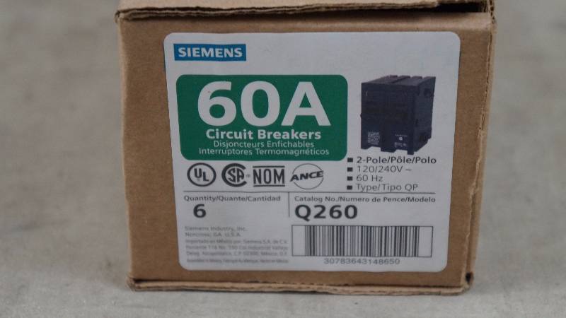 lot 692 image: Qty 6 NIB Siemens 60 Amp 2-Pole Q260 Circuit Breakers