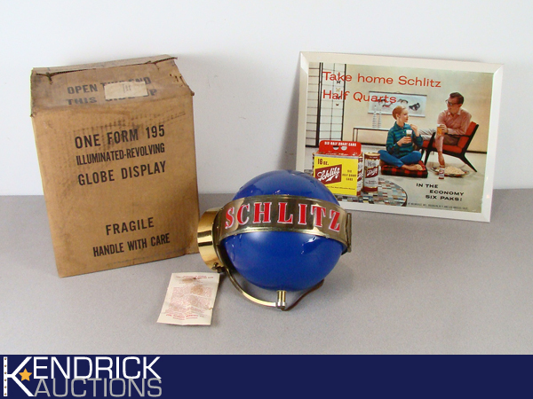 Vintage New Old Stock Schlitz Illuminating Revolving Globe, and 1956 Tin Sign