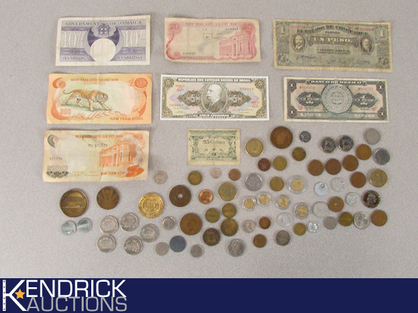 Lot of Foreign Currency, Coins, and Tokens