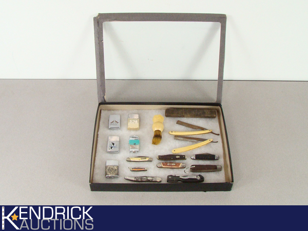 Lot of VintageAntique Lighters, Pocket Knives, and Straight Razors in Glass Top Case