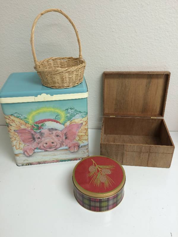 Sewing Machine, Wooden Box, Metal Tin, Wicker Basket