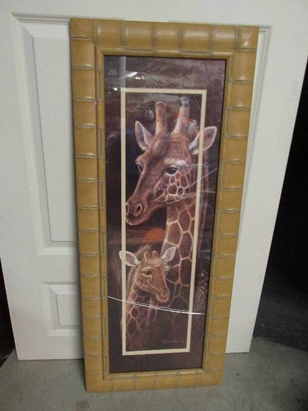lot 30 image: Giraffe framed painting - glass on ...