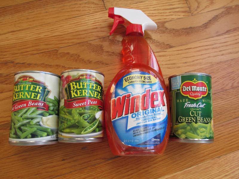 New bottle of Windex and canned veg...