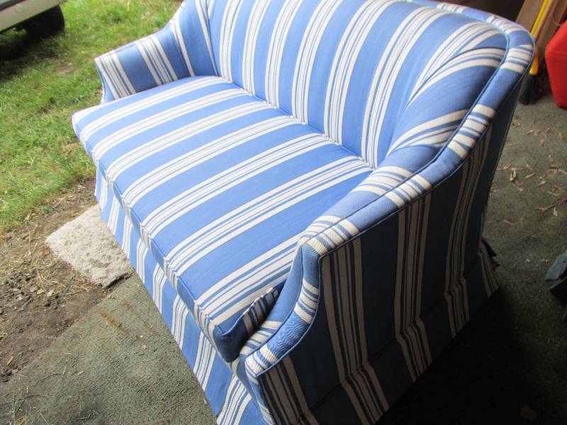 lot 13 image: Blue stripped couch, 57 wide...