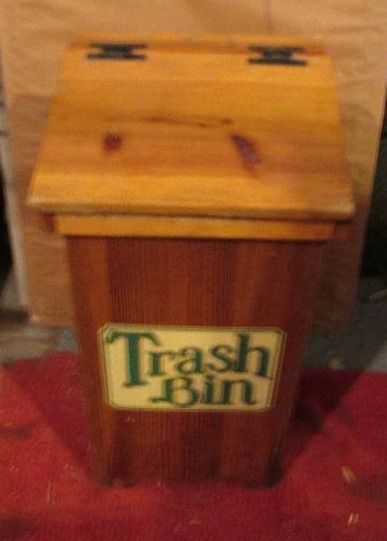 lot 99 image: Wood trash can, approx. 2.5 feet ta...