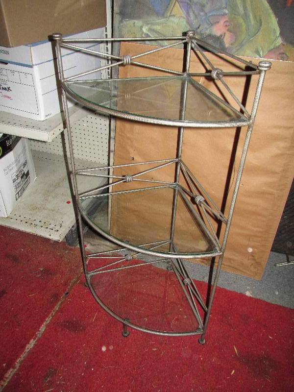 lot 100 image: Metal and glass corner shelf...