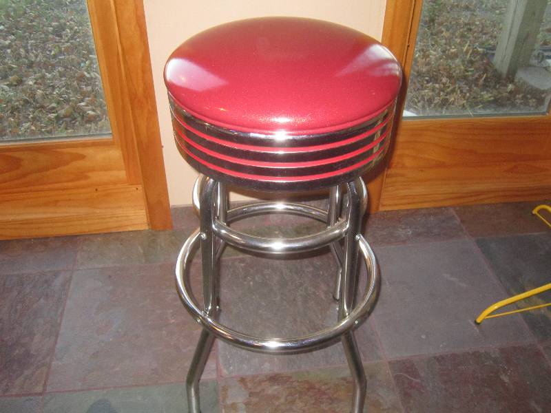 lot 10 image: Mint Condition Chrome and Red Leather Bar Stool 1950s Style  Paid $300 ea  5 -11