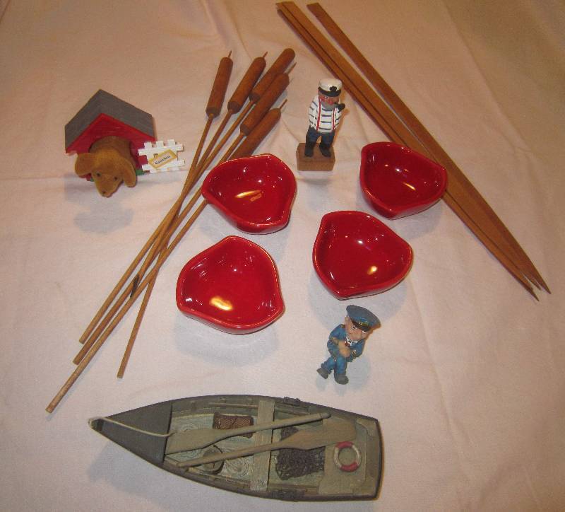 lot 32 image: LOT - Sailor, Fishing Boat, Wood Cattails, 4 Red Dishes, ETC