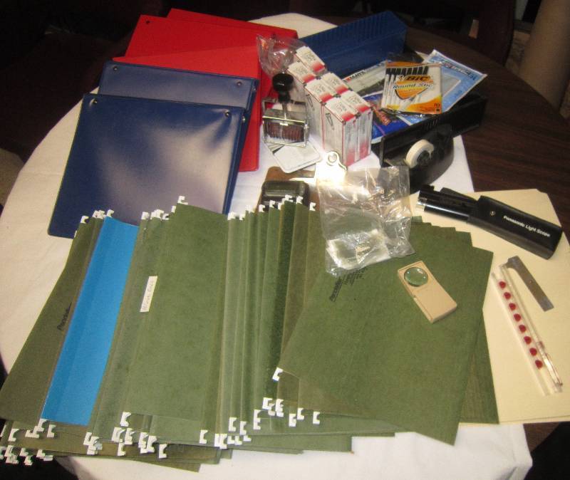 lot 71 image: OFFICE LOT - Hanging Folder, 3 Ring Binders, Magnifing Glass, Paper Clips, ETC