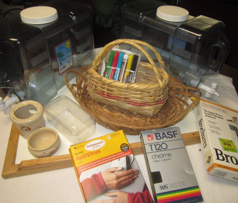 lot 73 image: LOT - White Board, Baskets, Office Supplies, 2 Water Jugs, Voitive Holder, ETC