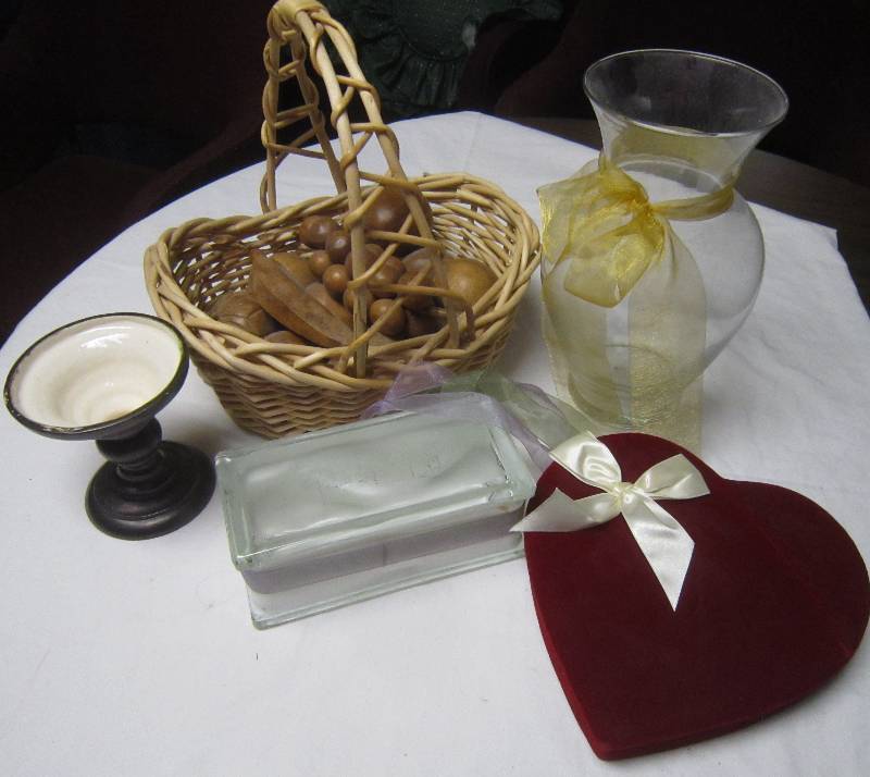 lot 77 image: LOT - Wood Fruit, Baskets, Heart Box, Candleholder, ETC