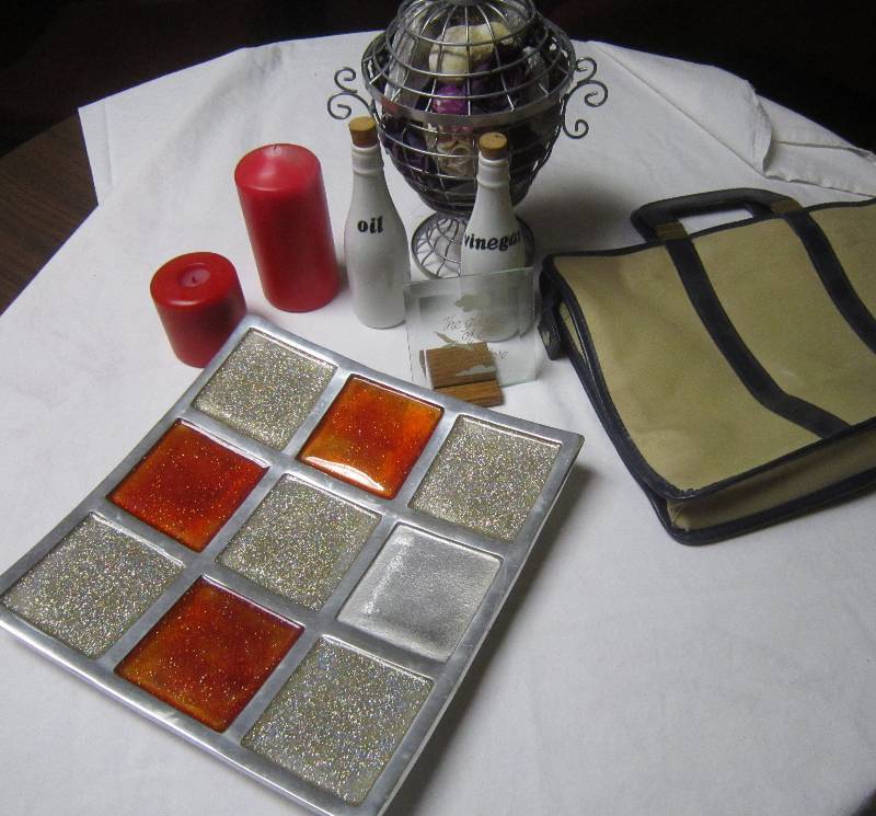 lot 100 image: LOT - Candles, Candle Plate, Vinegar and Oil, Purse, MISC