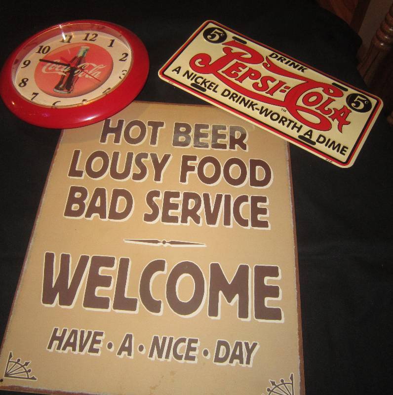 lot 29 image: LOT - Coca Cola Clock, Pepsi Sign and Hot Beer Welcome Sign