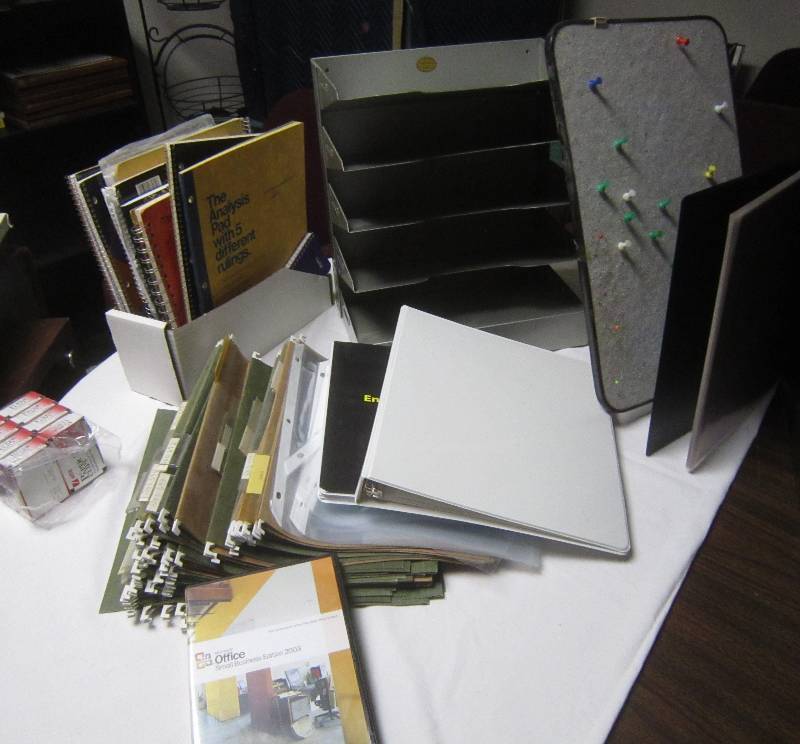 lot 69 image: OFFICE LOT - 3 Ring Binders, Spiral Notebooks, Hanging Folder, Gray Metal Paper Organizer, ETC