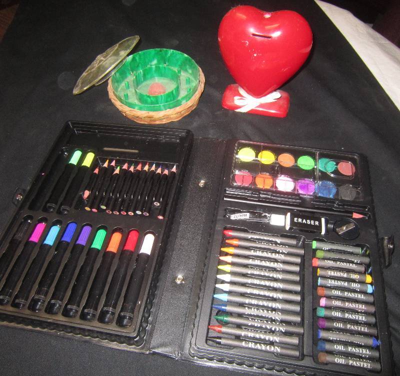 lot 95 image: LOT - Heart Bank, Antique Spool Thread Holder, Artist Kit, ETC