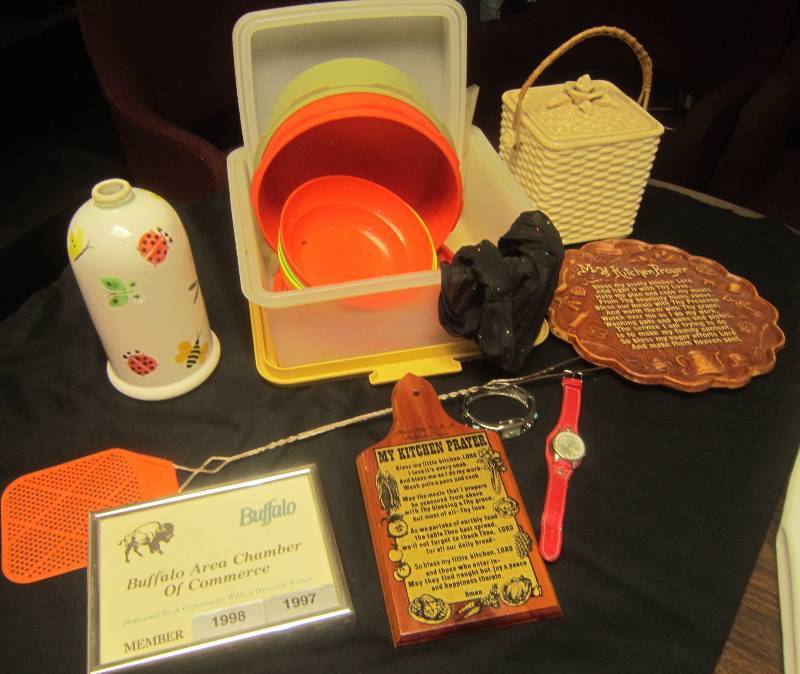 lot 125 image: LOT - Antique Basket, Tupperware, Vase, Pictures, Fly Swatter, ETC