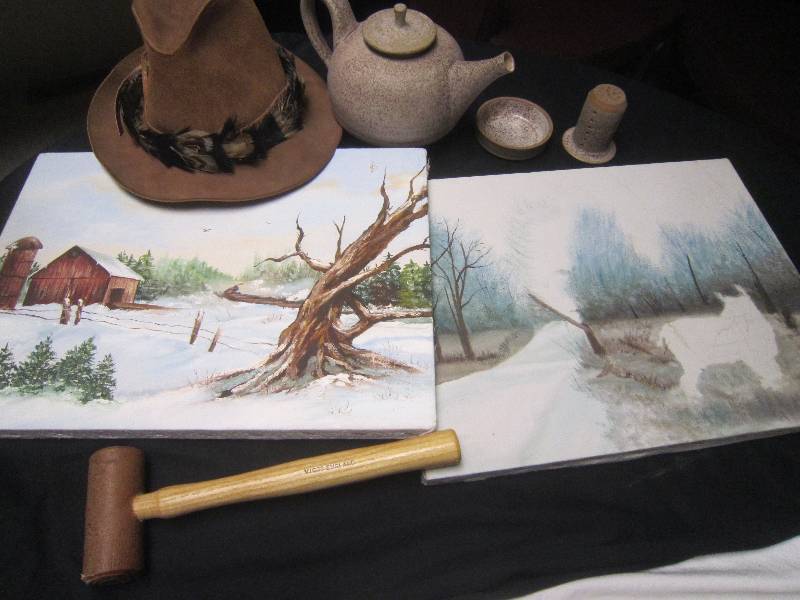 lot 127 image: LOT - 2 Pictures, Clay Teapot, Vigor England Mallet, Suede Hat, ETC