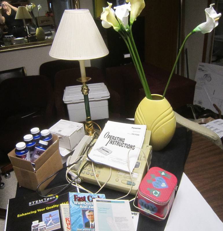 lot 135 image: LOT - Stemtech, Lamp, Yellow Vase, Tin Basket, Fax Machine KX-F550, ETC