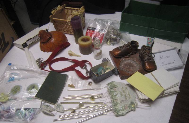lot 142 image: LOT - Windchimes, Bronze Baby Shoes, Wicker Basket, Chick, Dog Lease, Envelopes, Thankyou Notes, ETC