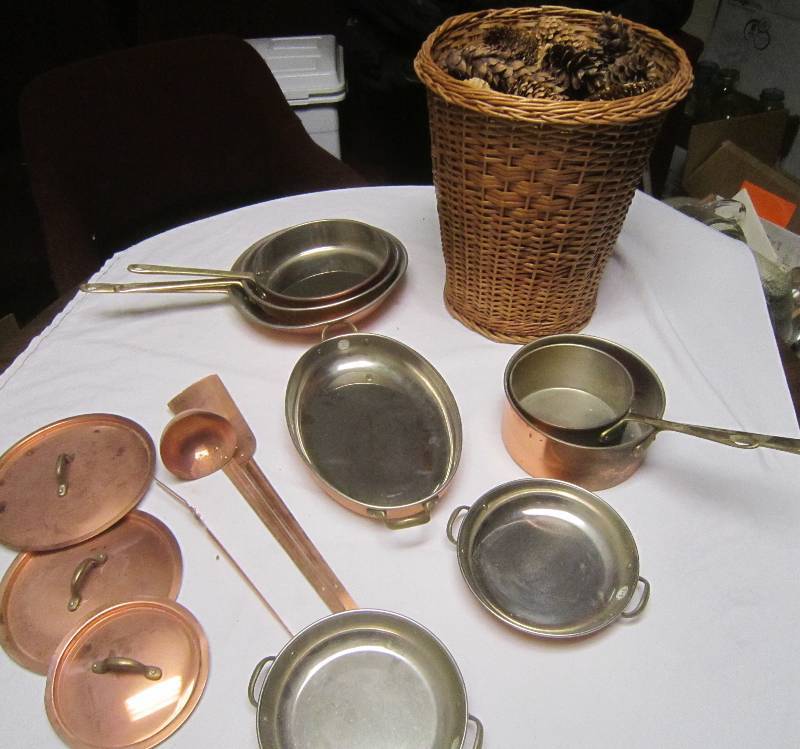 lot 148 image: LOT - Basket of Pinecones, Set of Copper Pans, Untensil, Lids, ETC