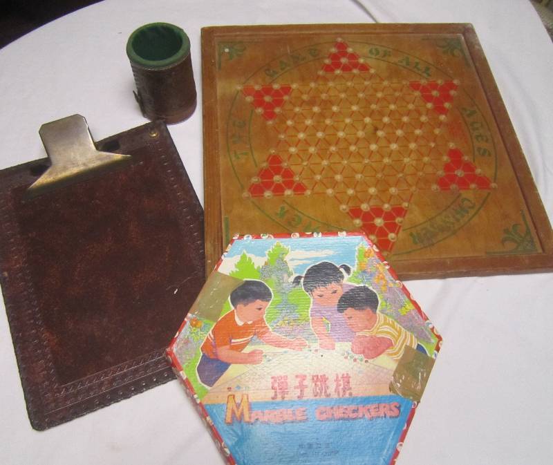 lot 153 image: LOT - Antique Games, Chinese Checkers, Marble Checkers, Leather Clip Board and Leather Dice Games