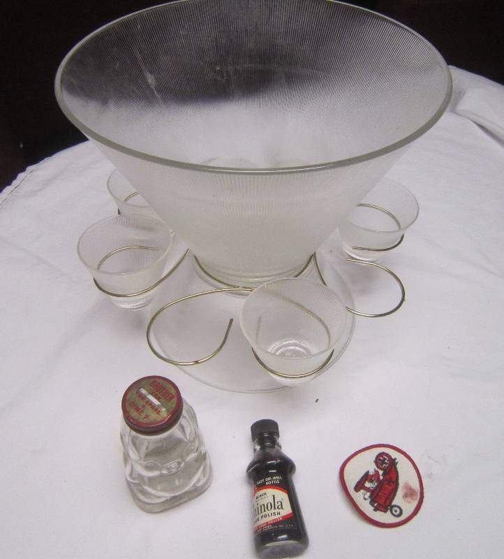lot 155 image: LOT - Punch Bowl Set, Honey Glass Bank, Shoe Polish, Red Baron Patch, ETC