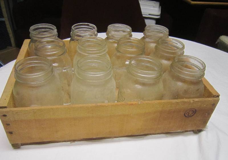 lot 157 image: LOT - 1 Wood Box with 12 Mason Jars