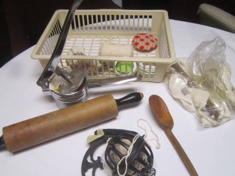 lot 163 image: LOT - Ricer, String Holder, Wood Rolling Pin, ETC