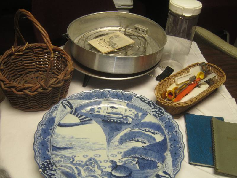 lot 165 image: LOT - 2 Basket, Large Blue Plate (See Picture), Basket of Misc Untensils, Spaghetti Holder, Buffet Grill, ETC