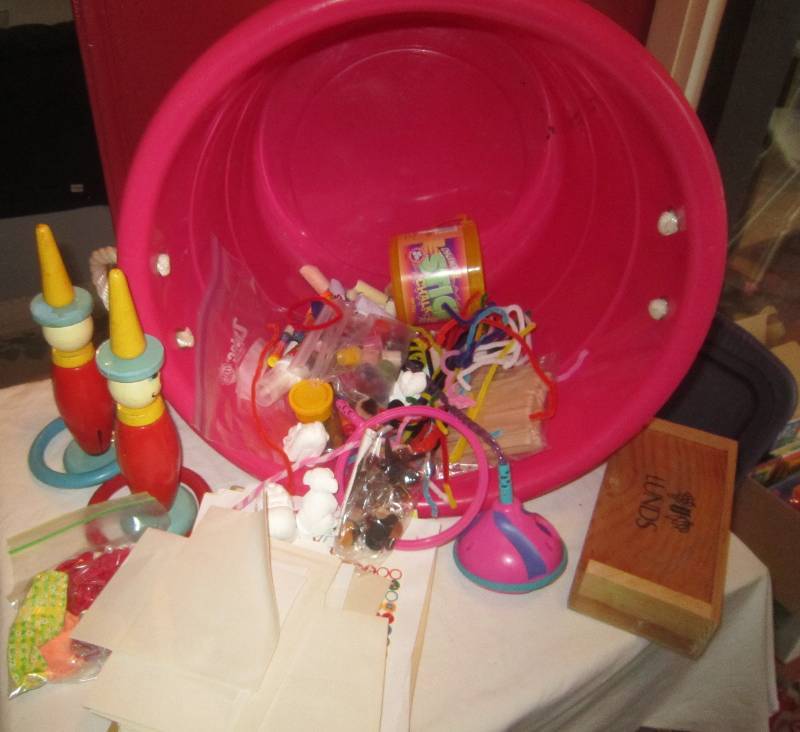 lot 188 image: LOT - Pink Bucket, Coloring Stuff, Pipe Cleaners, Chalk, Game, ETC