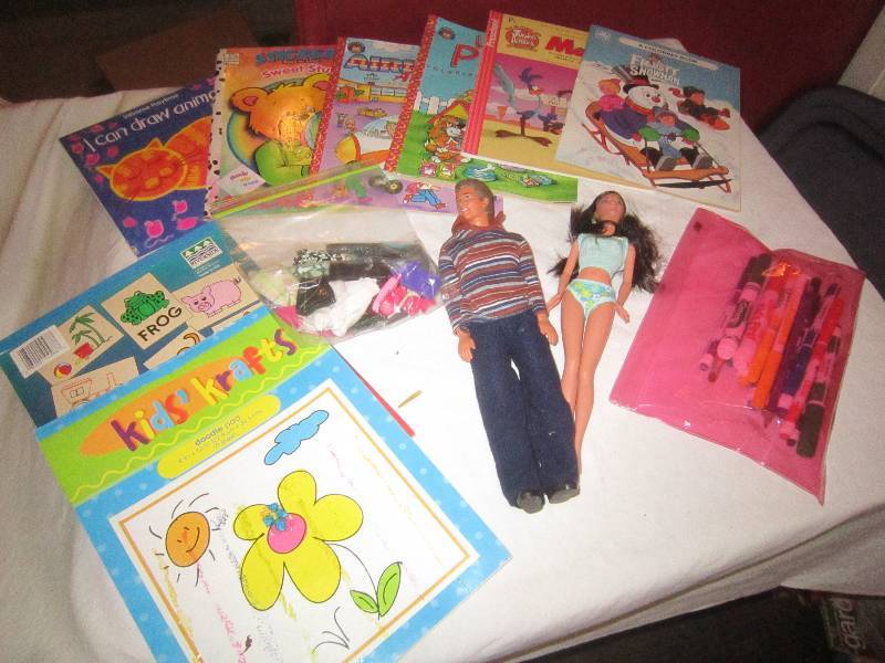 lot 189 image: LOT - Sticker Books, Coloring Books, Dolls, Barbie Cloths, Markers, Pens, Pencils, ETC