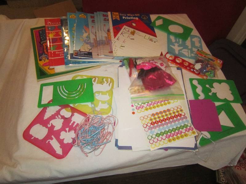lot 190 image: LOT - Grade Books, Coloring Books, Barbie Cloths, Stencils, Crafts, ETC