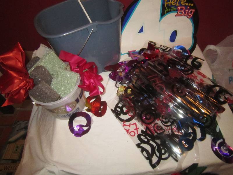 lot 196 image: LOT - 40s Banners and Signs, Wash Buckets, Styrofoam for Flowers, ETC