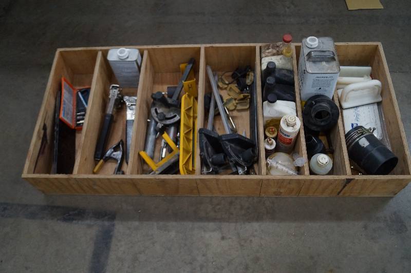 Wood shelf, bits, stapler, oilsthinner, and first aid