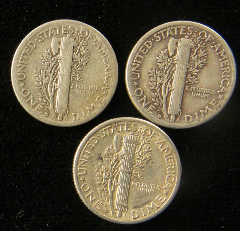 GROUP OF 3 SILVER MERCURY DIMES F-XF