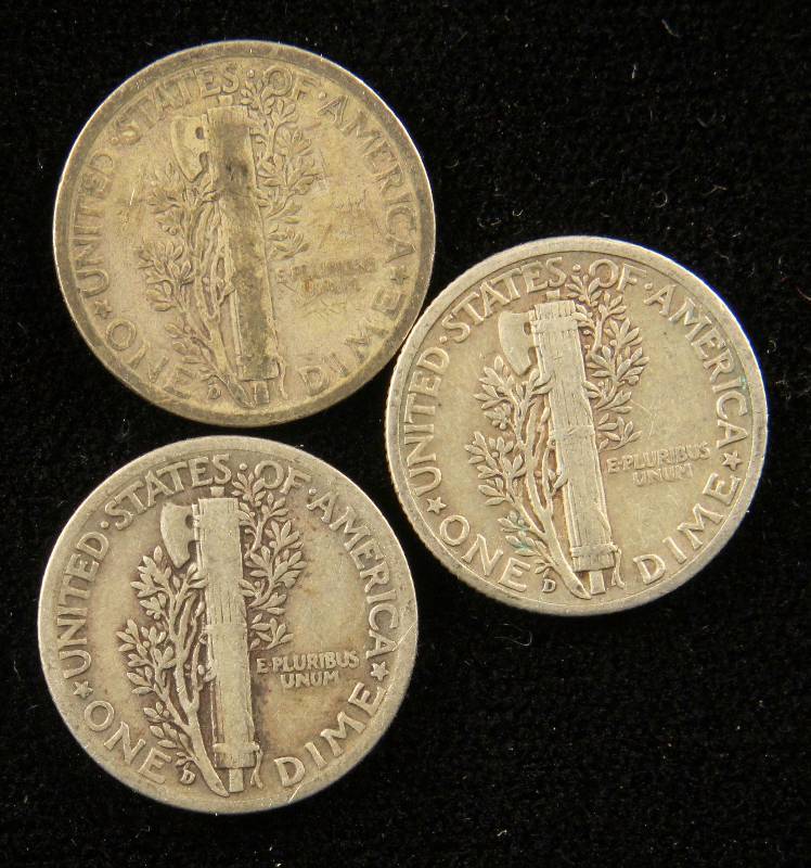 GROUP OF 3 SILVER MERCURY DIMES F-VF