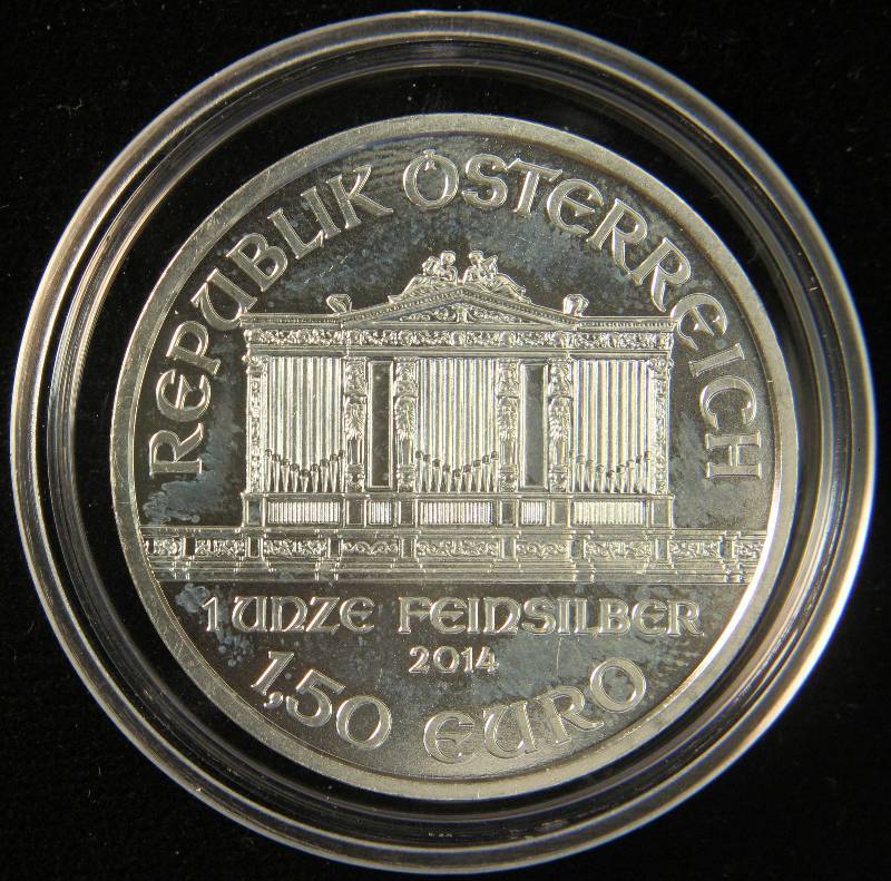 2014 AUSTRIA PHILHARMONIC 1 TROY Oz. .999 FINE SILVER IN AIRTITE HOLDER