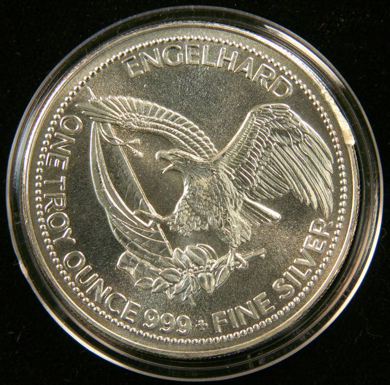 1 TROY OZ. .999 FINE SILVER PROSPECTOR ROUND 1984 ENGELHARD IN AIRTITE HOLDER