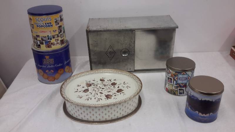 Metal tins, breadbox