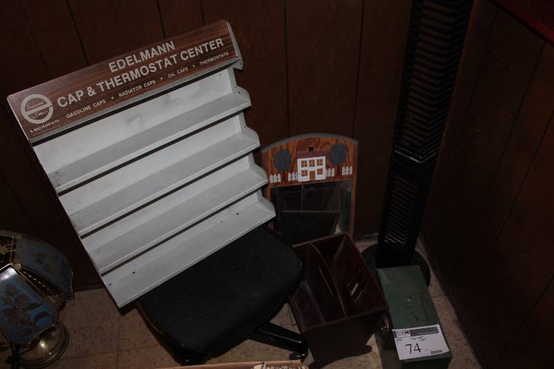 Various office items (6) includes an office chair, magazine rack, CD holder, etc.