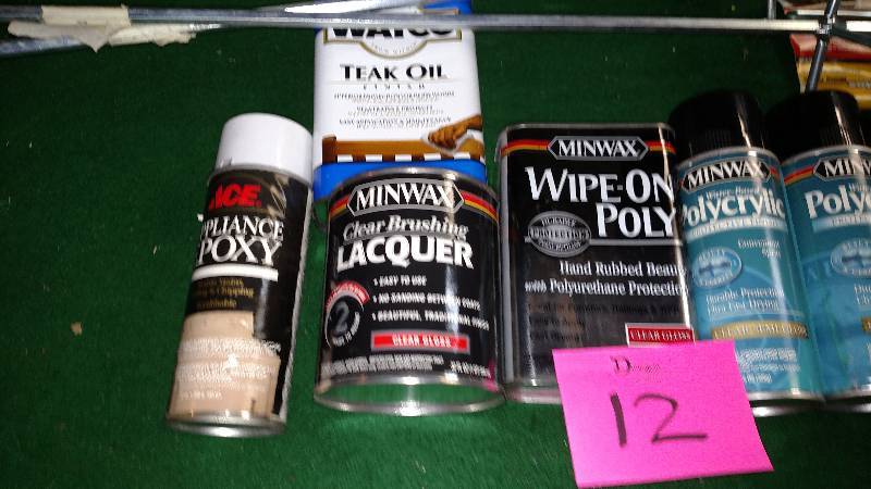 lot 12 image: Lot of wood stains, poly, and paddles NEW