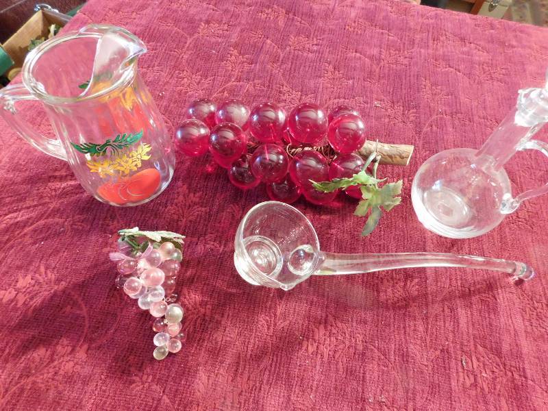 lot 42 image: colorful glass pitcher glass grapes and other glass decor items