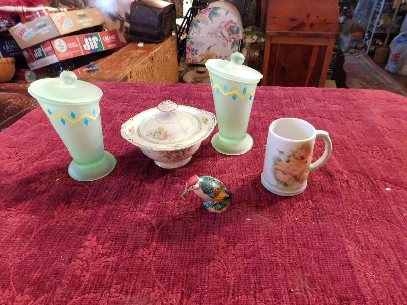 lot 45 image: two colorful fun glass containers one small dish with lid porcelain cup and bird shaker